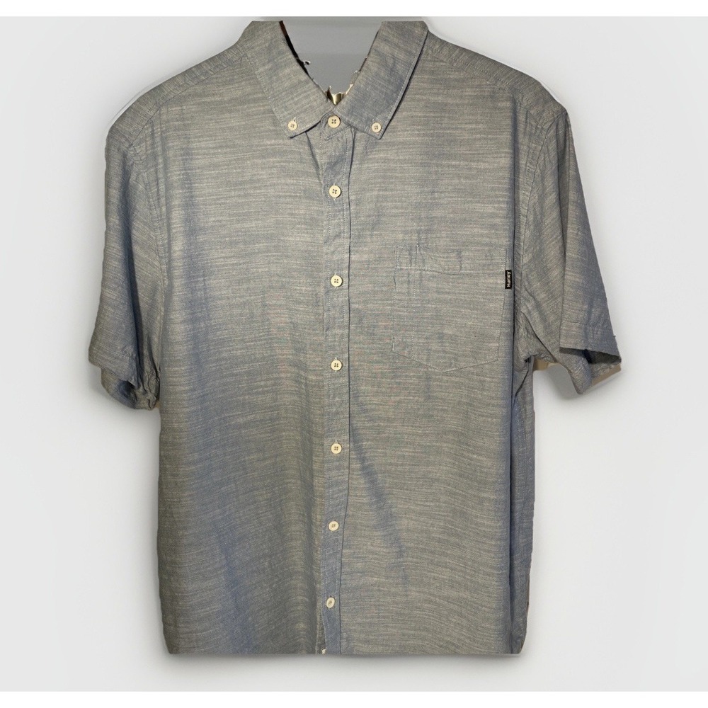 Hurley Shirt Mens L Blue Slub Cotton Button Down Short Sleeve Preppy